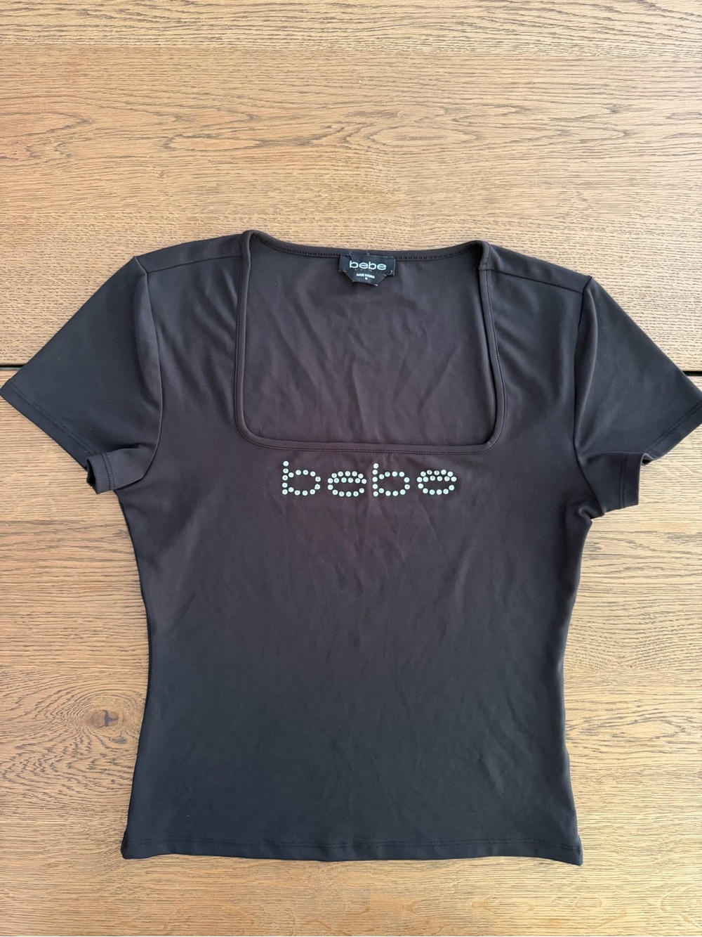 Bebe Black Rhinestone Logo Square Neck Stretch Top Y2K Fitted Tee Size M - Picture 2 of 6
